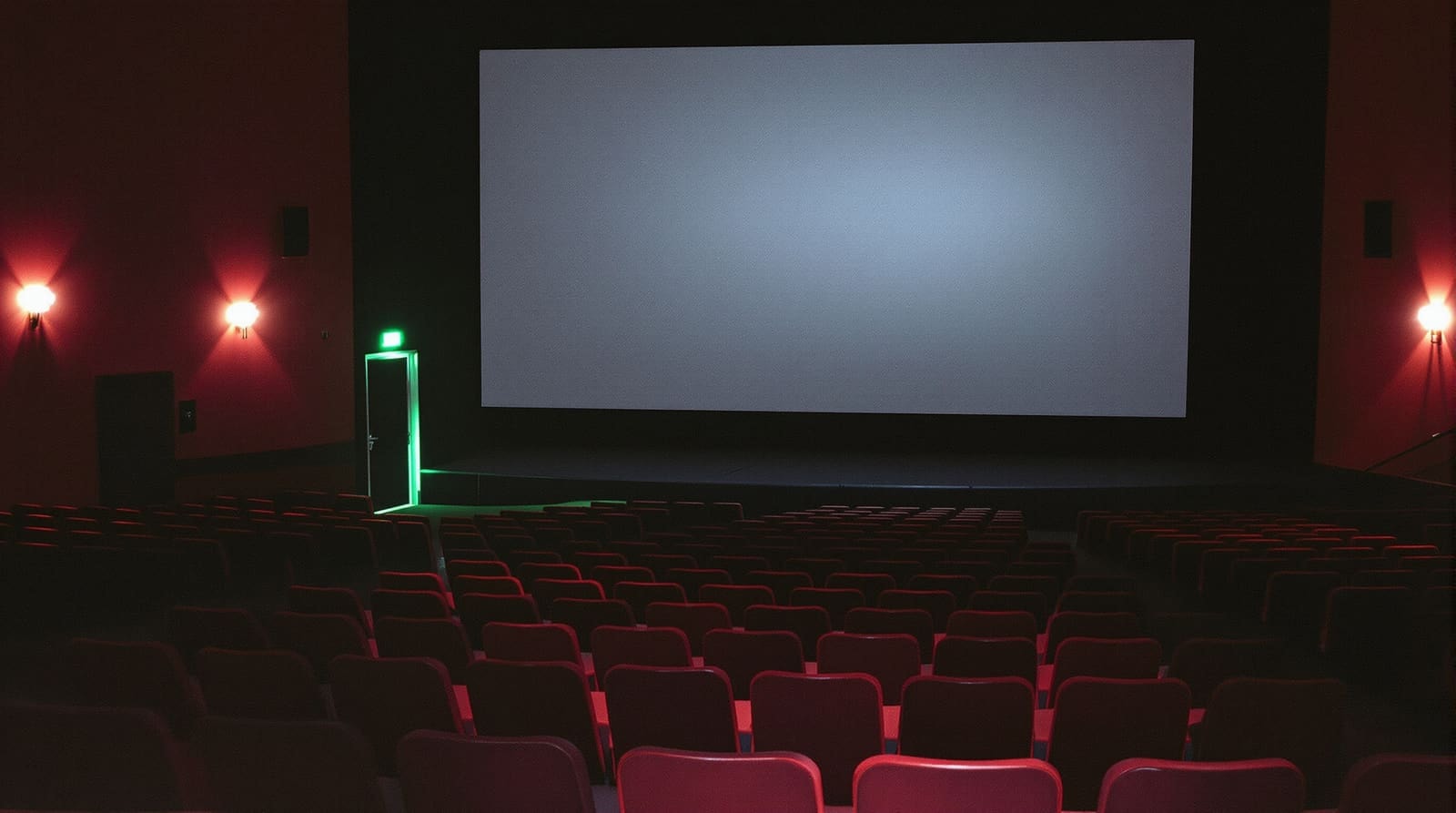 An empty cinema auditorium with worn red seats, shot on faded expired colour film