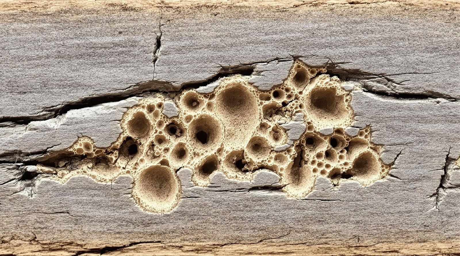 A cross-section of weathered timber riddled with winding termite galleries