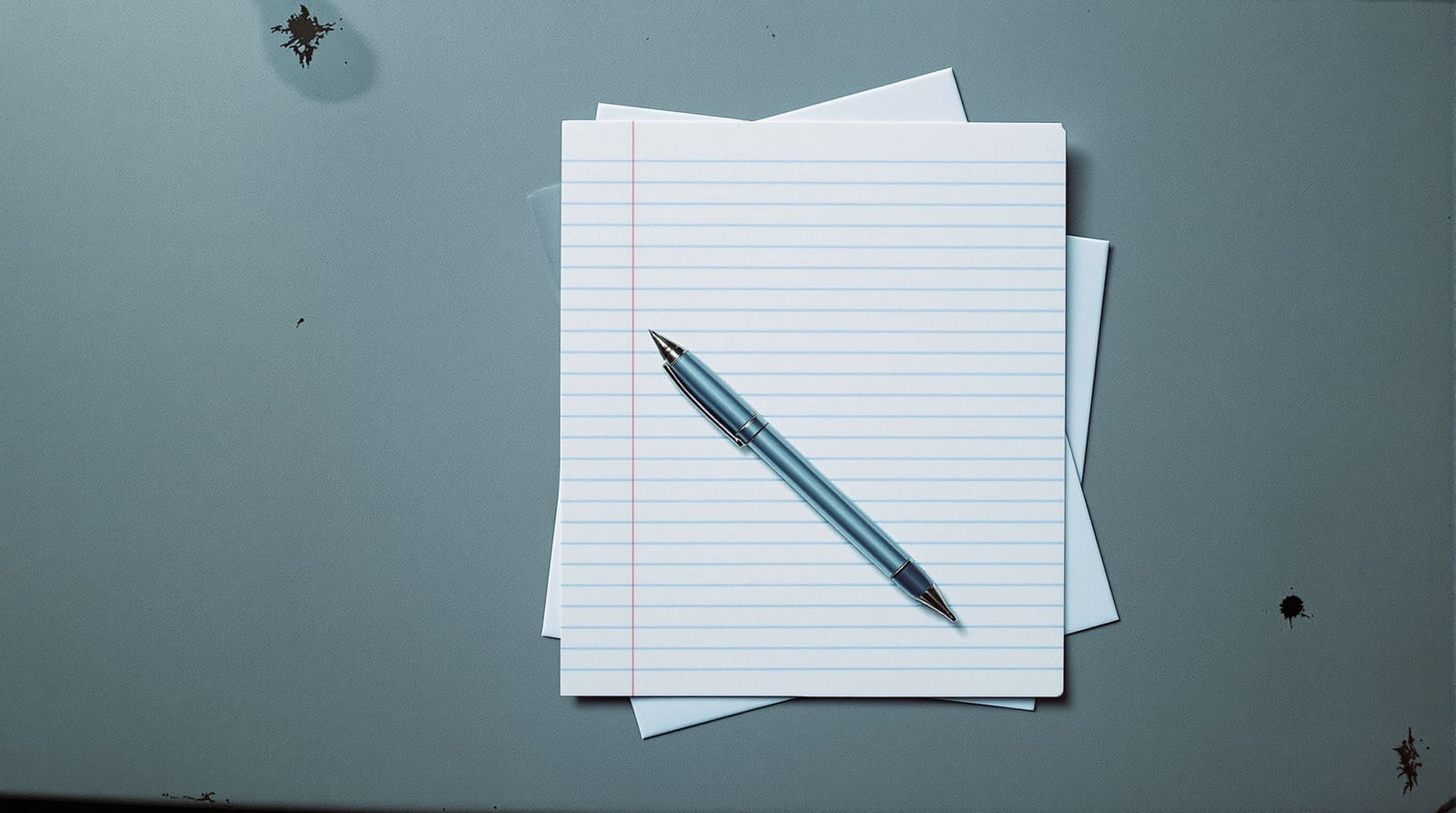 A blank sheet of lined paper and a ballpoint pen on a scratched grey metal desk