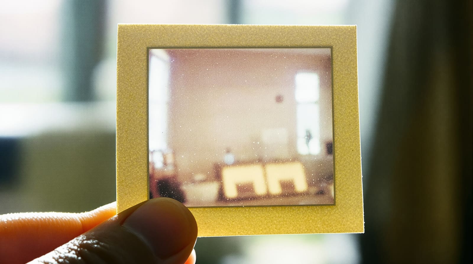 A yellowed 35mm slide in a card mount held up against a window, the image inside indistinct