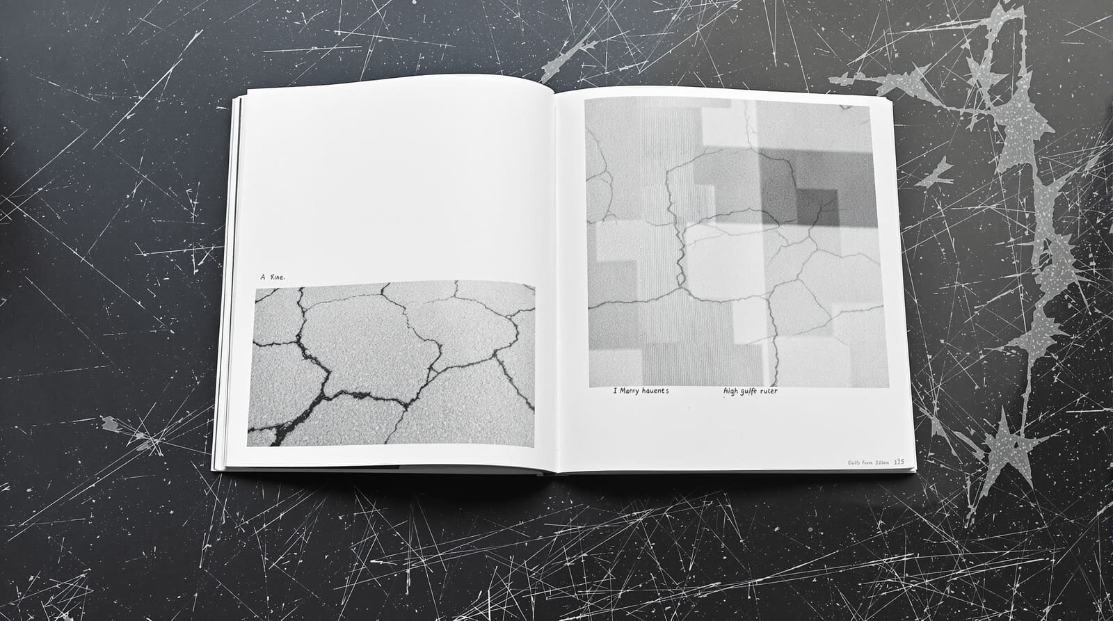 Open photocopied zine spread showing a coarse halftone photograph of cracked pavement