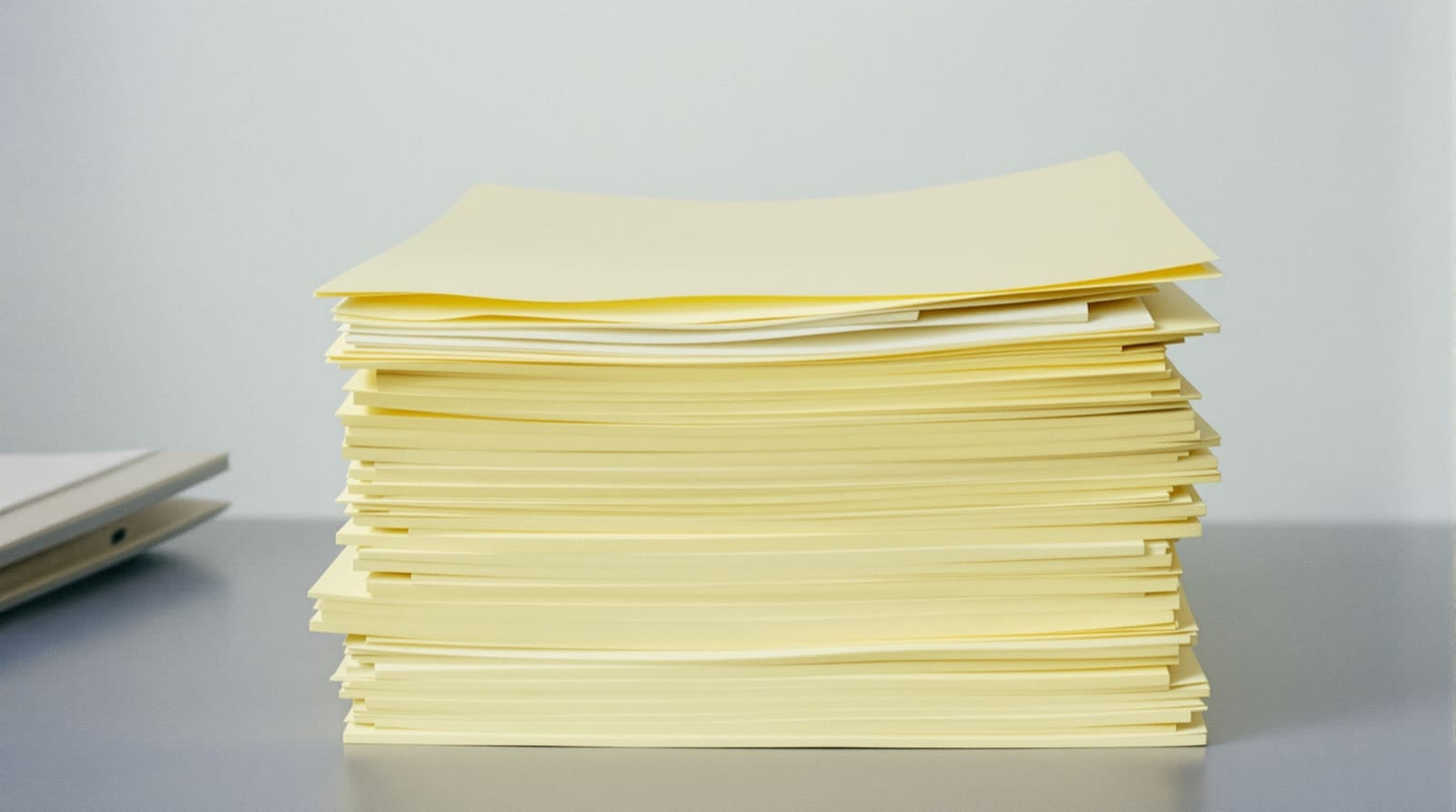 Untidy stack of yellowed paper on a desk in flat daylight