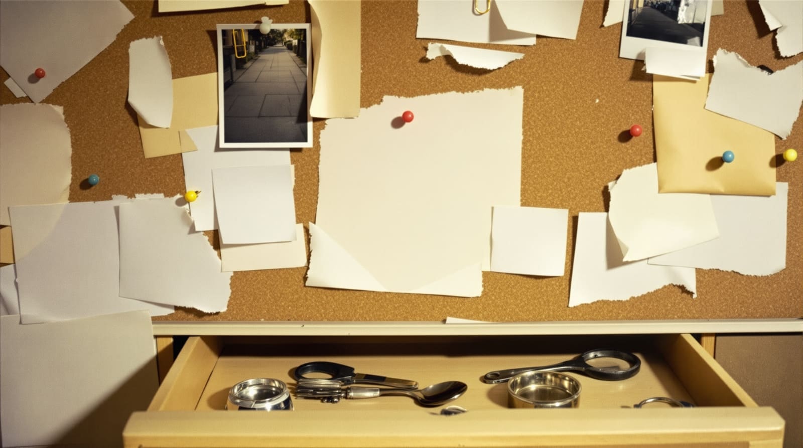 Corkboard of blank paper scraps and pavement snapshots above an open drawer of small lost objects
