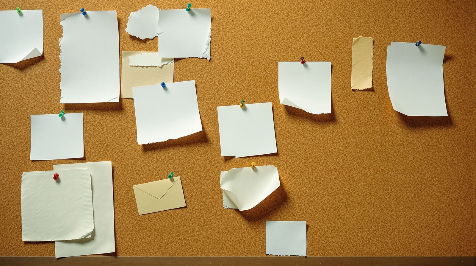 A crowded office noticeboard covered in blank overlapping paper scraps and drawing pins