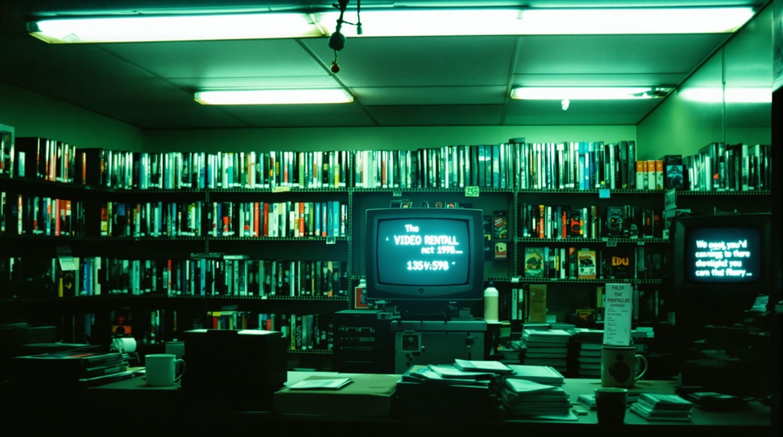 The counter of a small video rental store at night, shot on grainy flash film