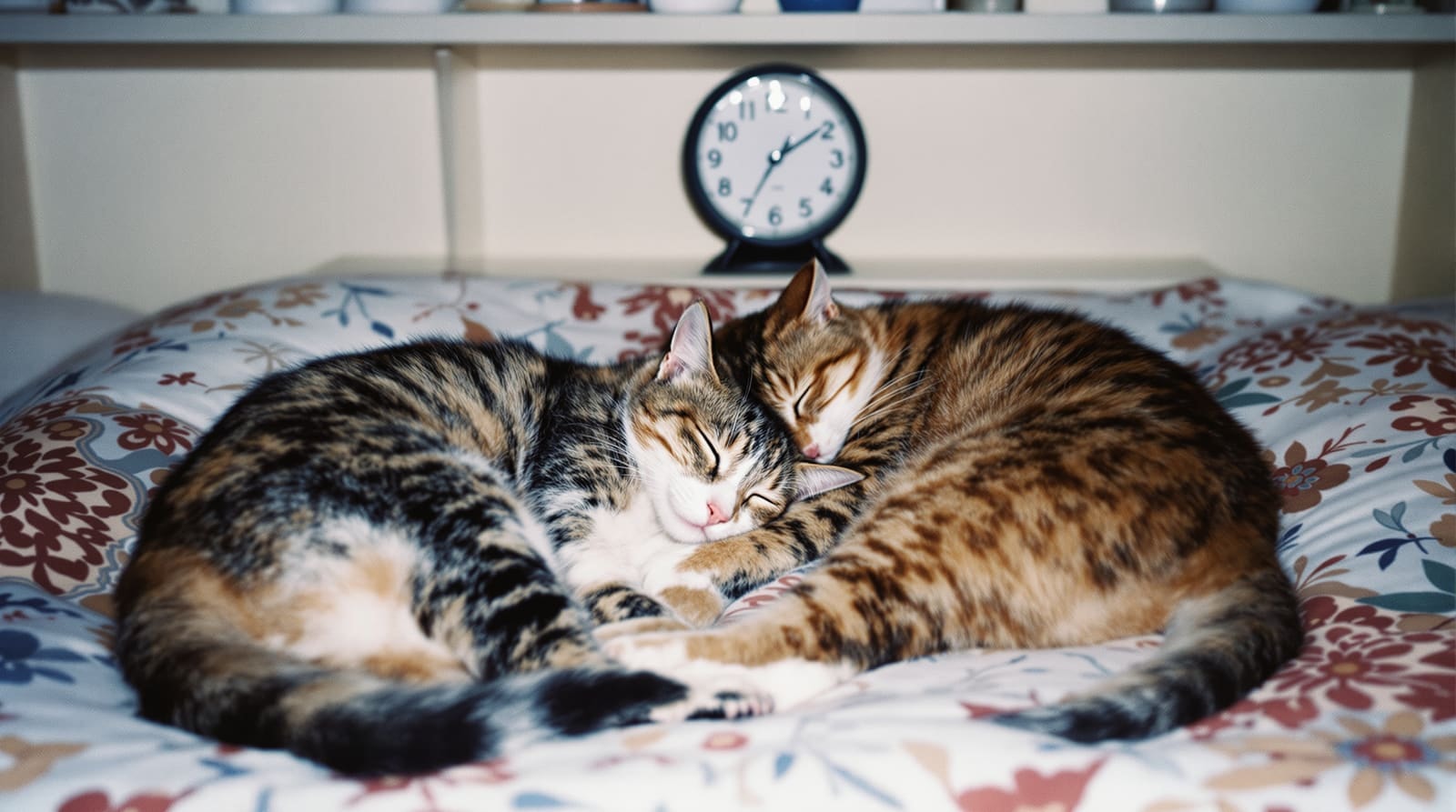 Two cats asleep on a patterned quilt, shot with direct flash on grainy film